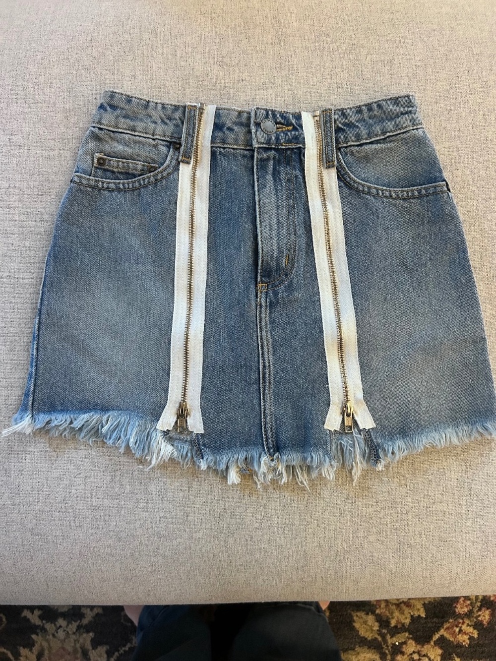 CARMAR Colin Double Zipper Distressed Denim Mini Skirt.